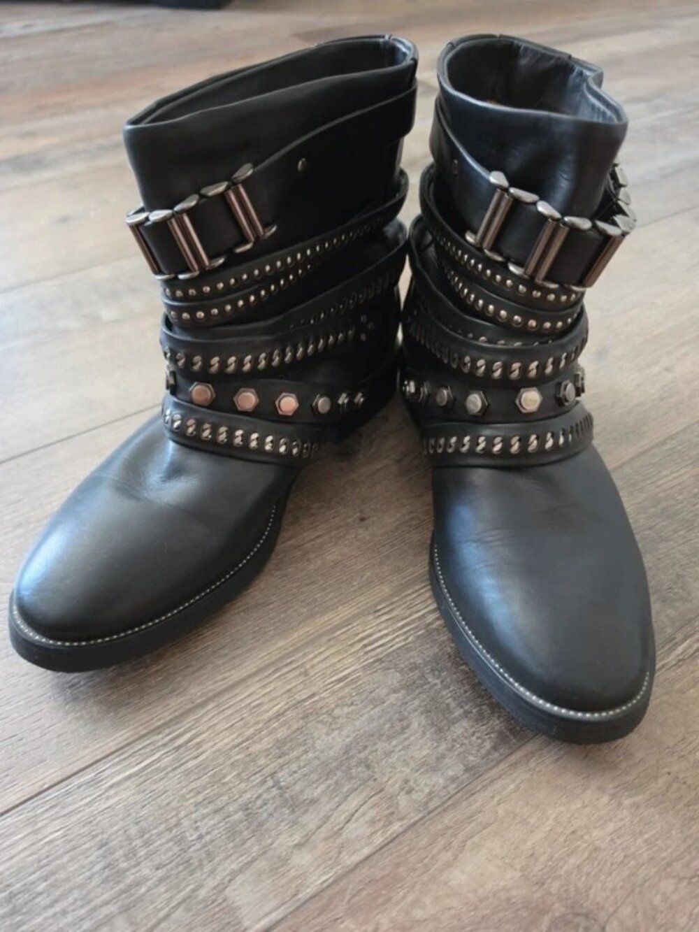 L.A.M.B. black studded leather wedge ankle boots fall edgy